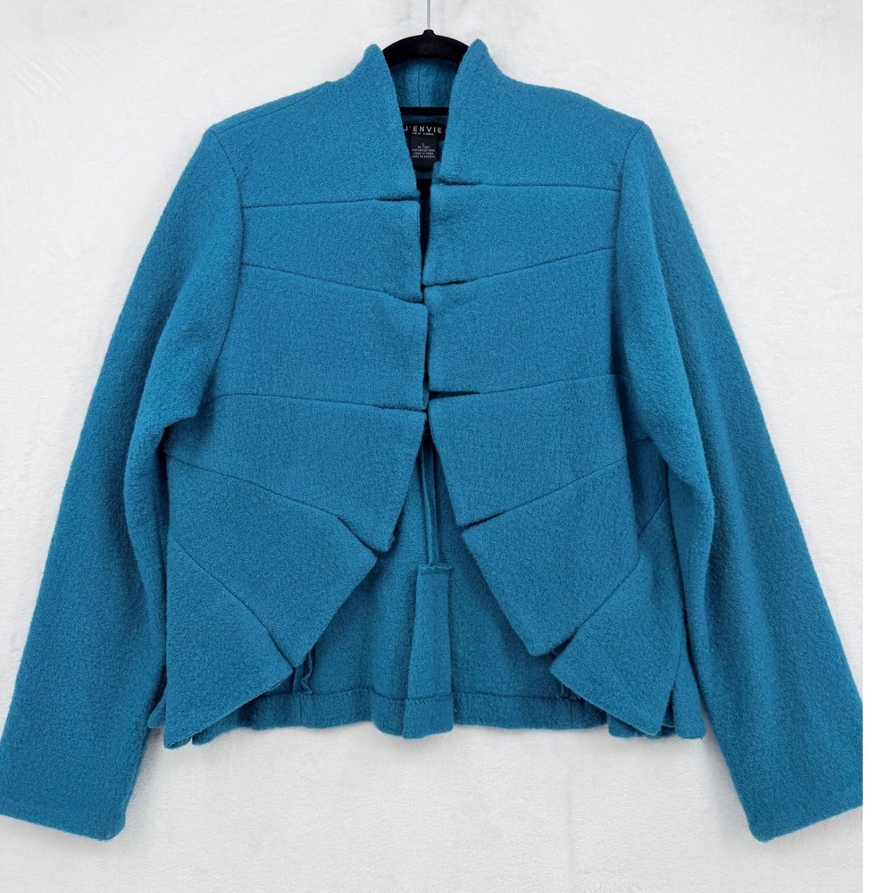 J'Envie New York Teal Blue 100% Boiled Wool Open Front Jacket Large Lagenlook